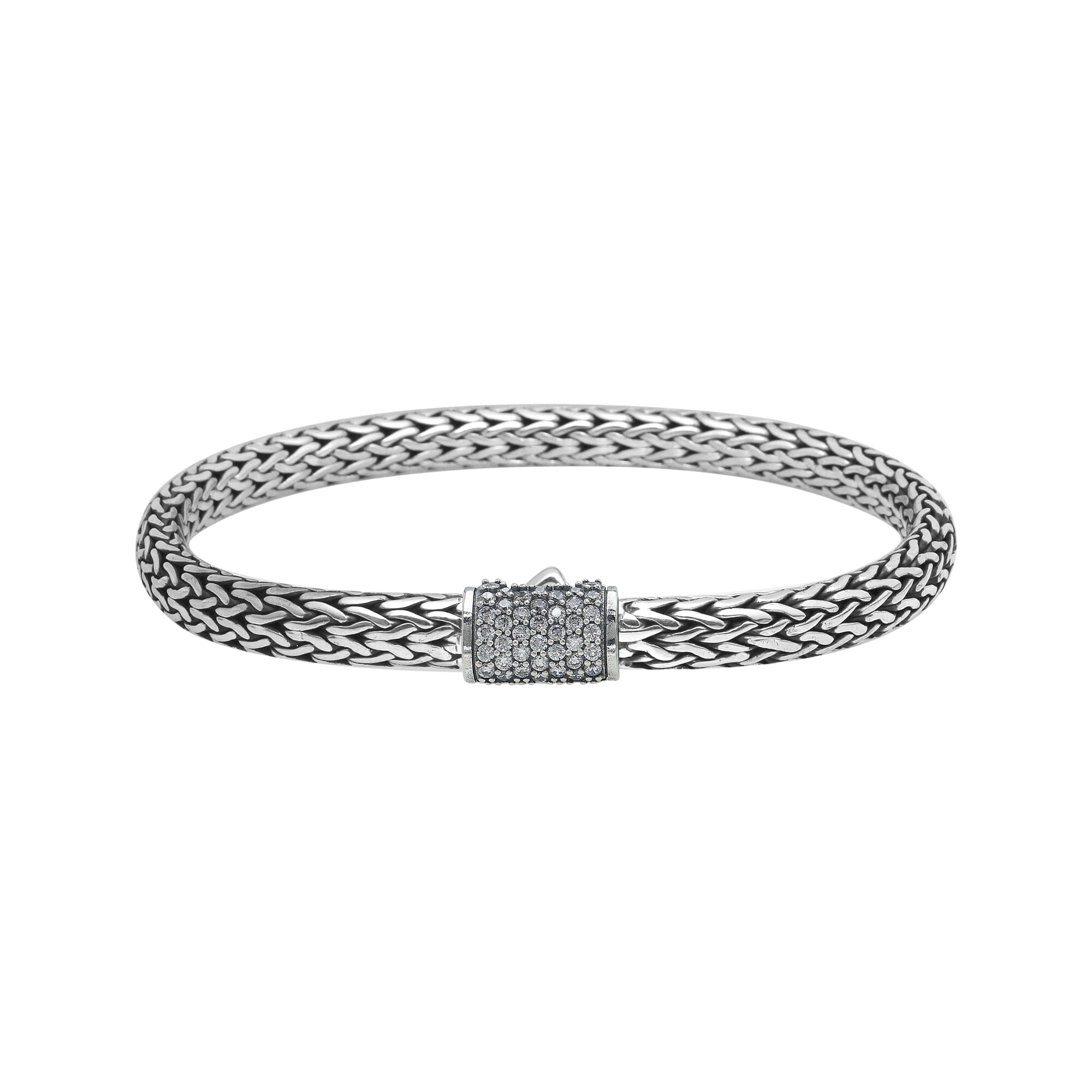 Handwoven 925 sterling silver 4x6 mm Bali bracelet with White Cubic Zirconia clasp and oxidized finish.