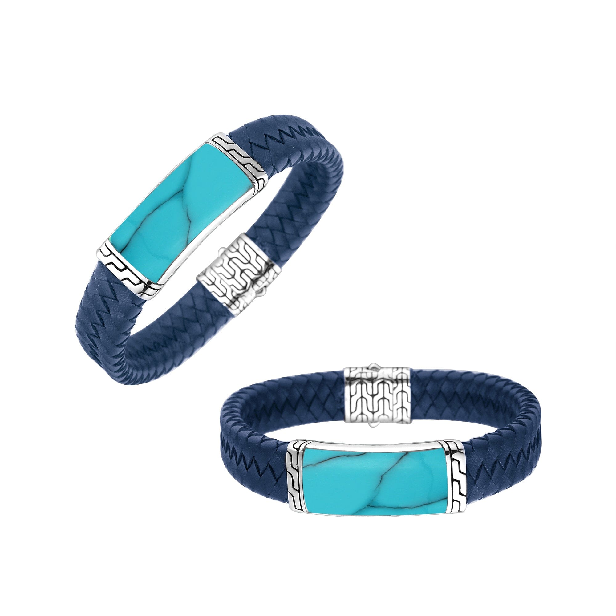 Sterling Silver Bracelet With Blue Leather Featuring Turquoise Shell Accent