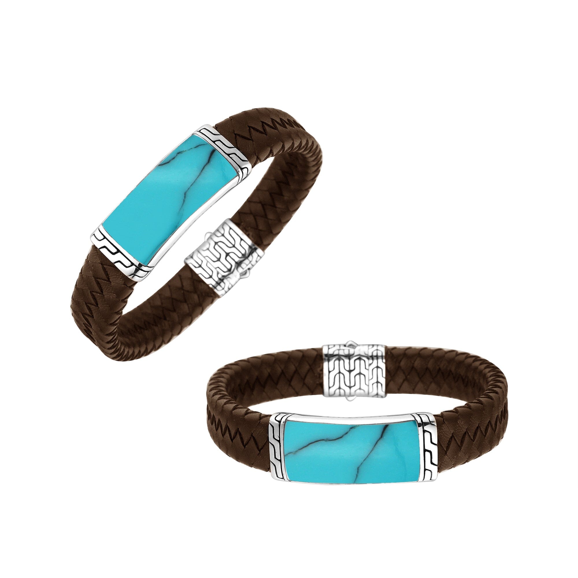 Sterling Silver Bracelet With Brown Leather Featuring Turquoise Shell Accent