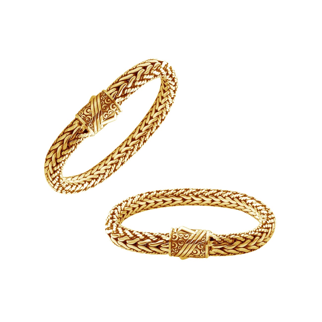 Sterling silver 18K gold plated bracelet with braided chain and ornate clasp handcrafted in Bali.