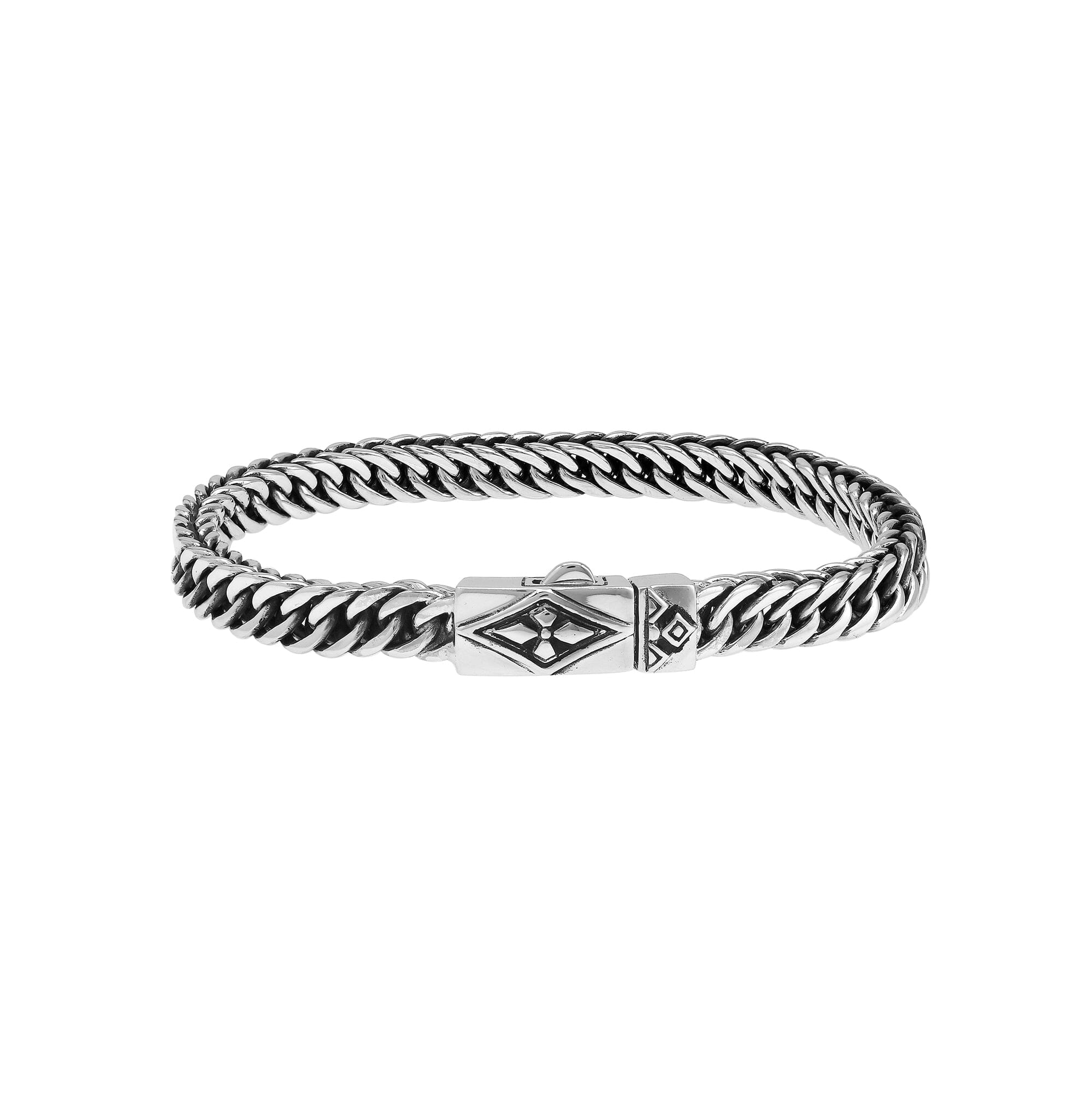 Sterling silver curb chain bracelet with diamond pattern clasp handcrafted in Bali