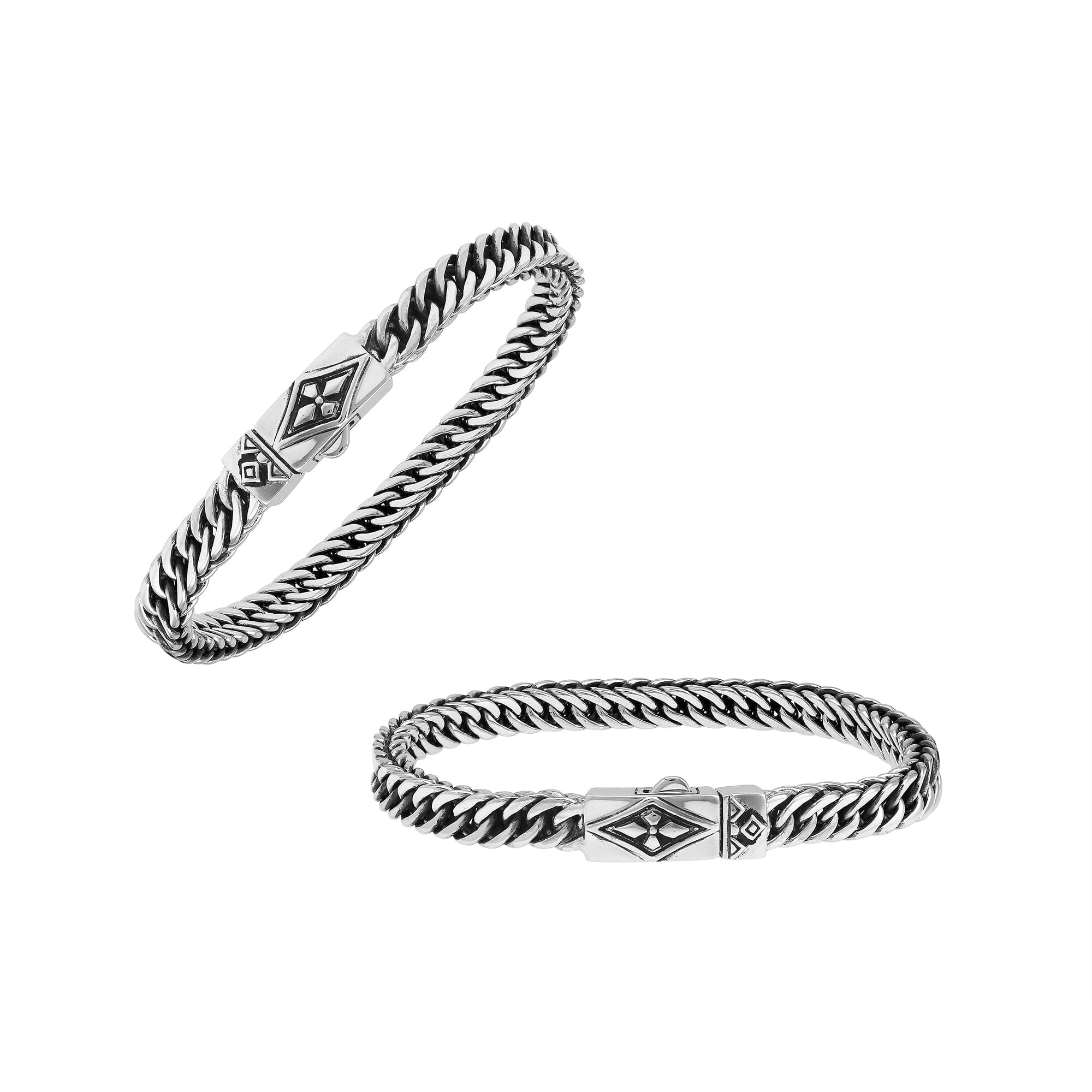 Sterling silver curb chain bracelet with diamond pattern clasp handcrafted in Bali