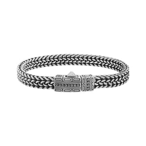 Sterling silver woven chain bracelet with geometric patterned clasp handcrafted in Bali