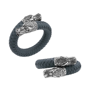 925 Sterling Silver Dragon Bracelet With Grey Leather On White Background