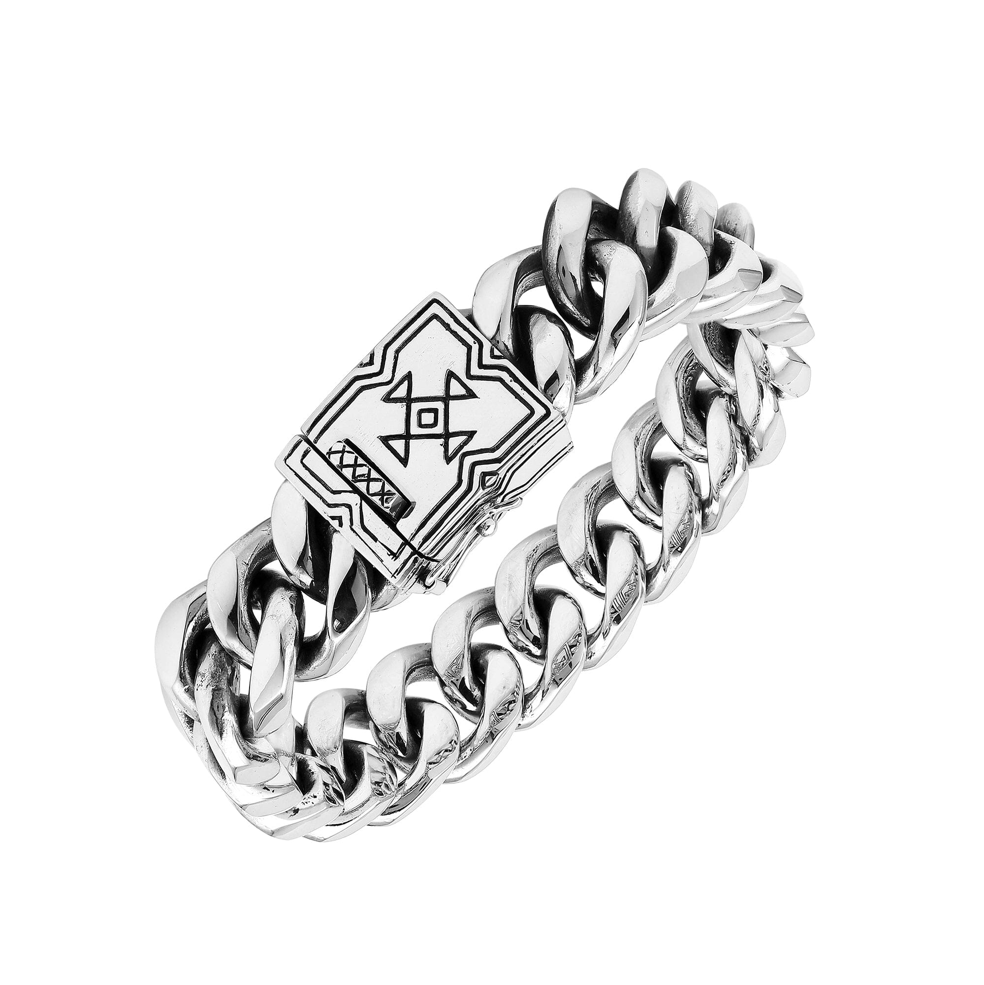 Silver Curb Chain Bracelet With Geometric Box Clasp In 925 Sterling Silver For Wholesale