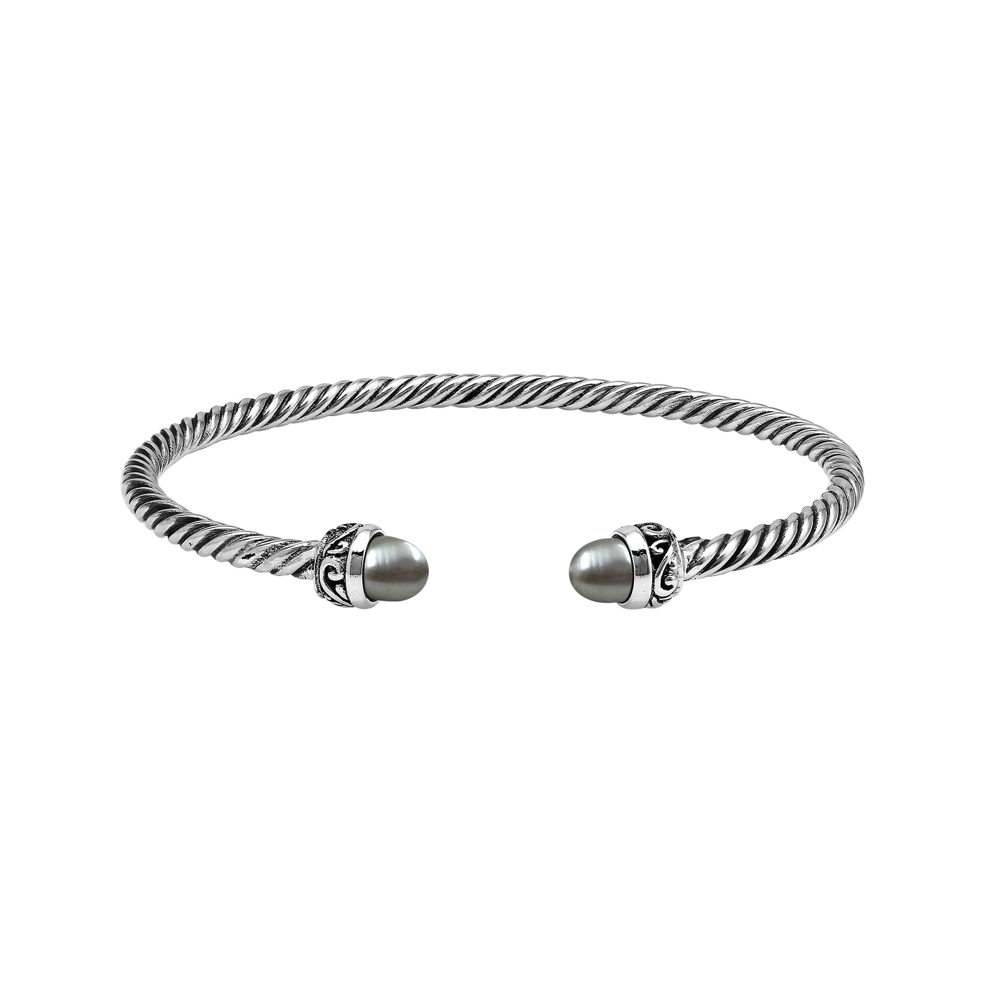 Sterling Silver Twisted Cable Bangle With Gray Mabe Pearls and Tribal Oxidized Detailing For Wholesale Buyers.