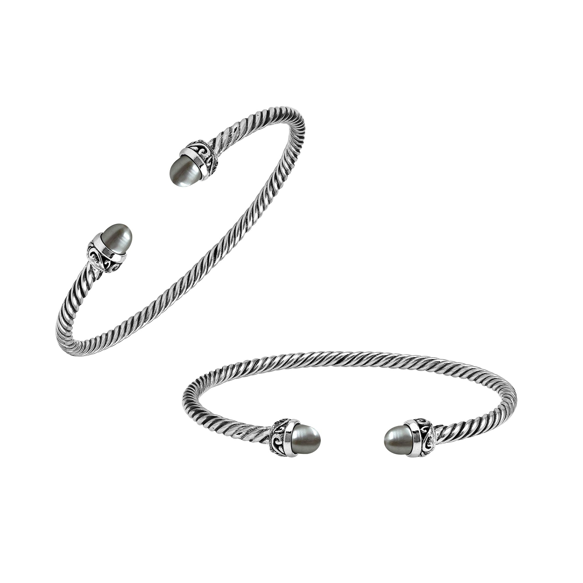 Sterling Silver Twisted Cable Bangle With Gray Mabe Pearls and Tribal Oxidized Detailing For Wholesale Buyers.