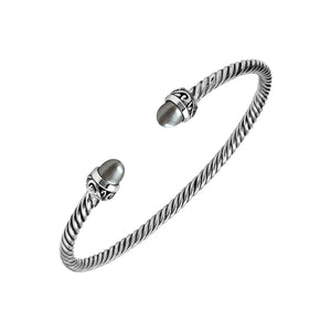 Sterling Silver Twisted Cable Bangle With Gray Mabe Pearls and Tribal Oxidized Detailing For Wholesale Buyers.