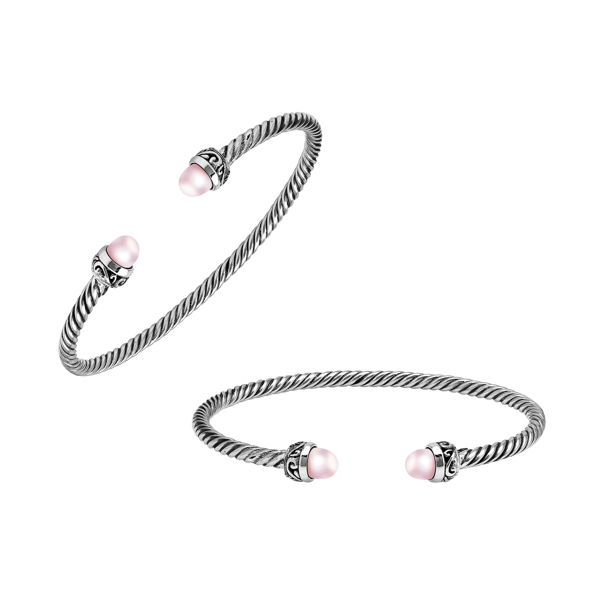 Sterling Silver Twisted Cable Bangle With Pink Freshwater Pearls and Tribal Oxidized Detailing For Wholesale Buyers.