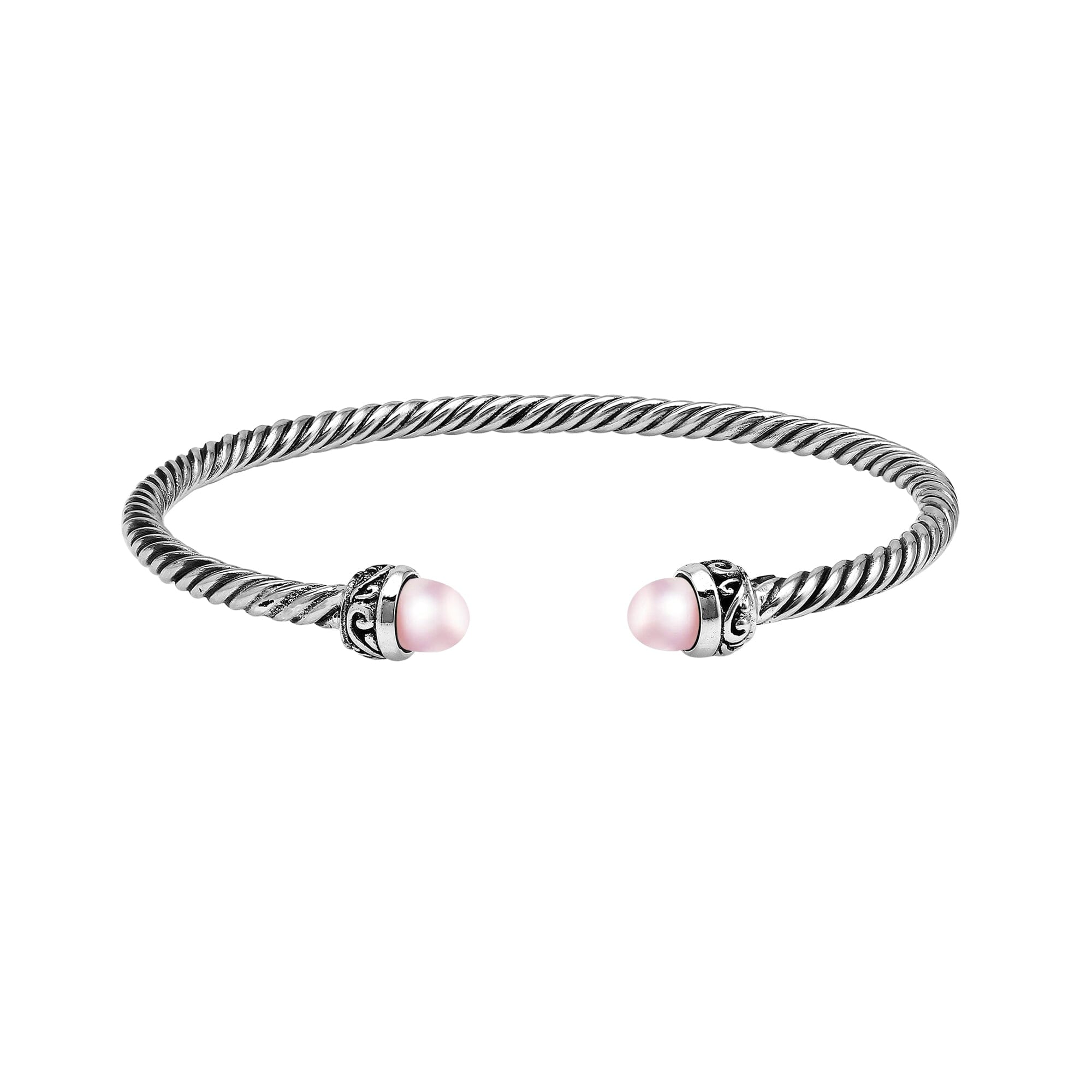 Sterling Silver Twisted Cable Bangle With Pink Freshwater Pearls and Tribal Oxidized Detailing For Wholesale Buyers.