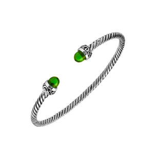 Sterling Silver Twisted Cable Bangle With Green Peridot Quartz and Oxidized Tribal Detailing For Wholesale Buyers.