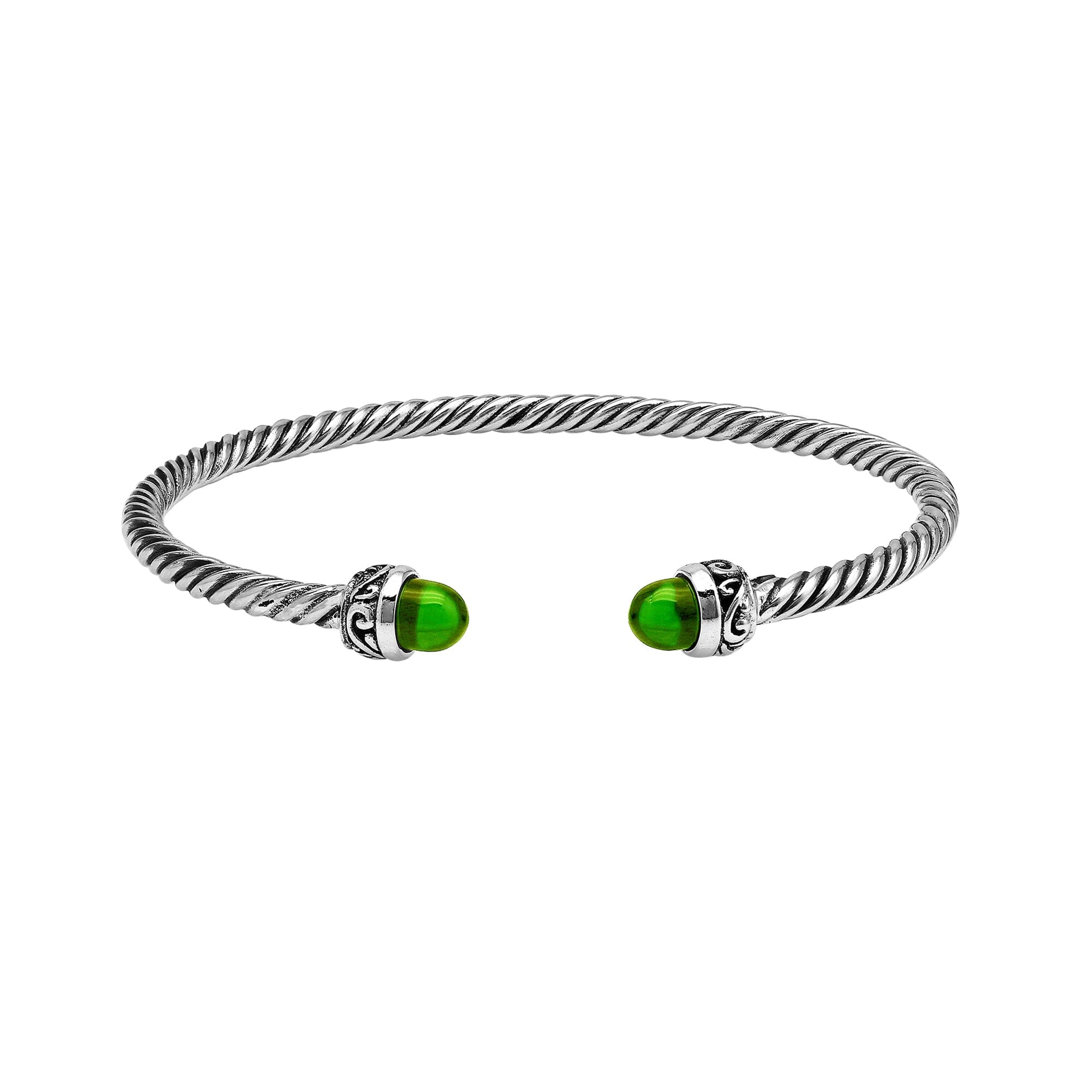 Sterling Silver Twisted Cable Bangle With Green Peridot Quartz and Oxidized Tribal Detailing For Wholesale Buyers.