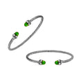 Sterling Silver Twisted Cable Bangle With Green Peridot Quartz and Oxidized Tribal Detailing For Wholesale Buyers.