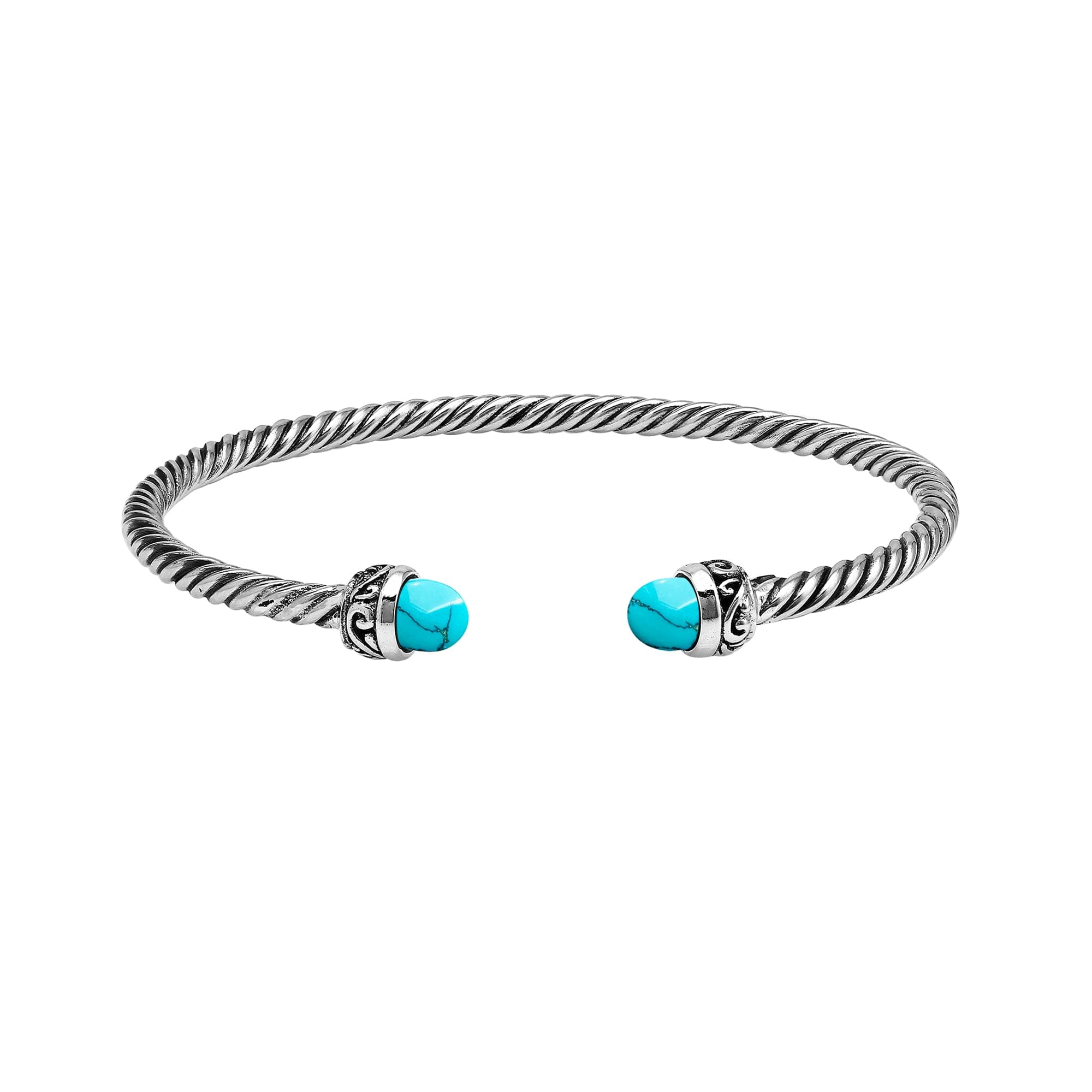 Sterling Silver Twisted Cable Bangle With Turquoise Shell and Oxidized Tribal Detailing For Wholesale Buyers.