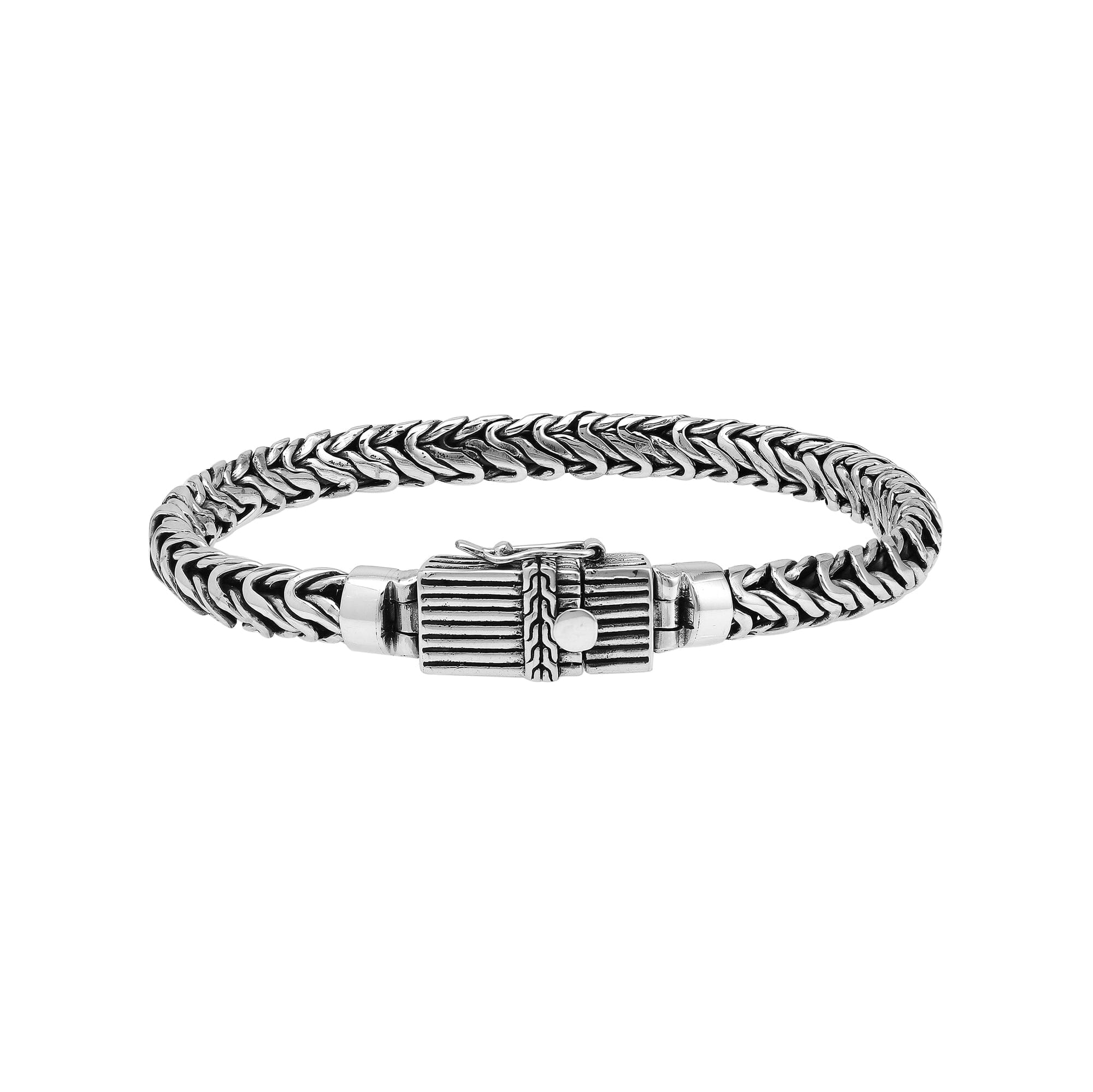Wholesale sterling silver oxidized Bali weave bracelet with ribbed clasp handcrafted in Bali, Indonesia.