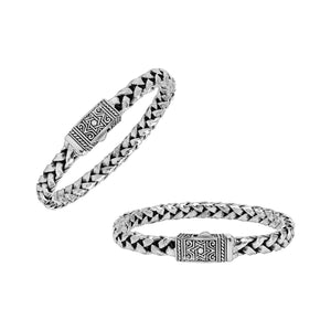 Wholesale sterling silver oxidized flat Bali weave bracelet with geometric clasp handcrafted in Bali, Indonesia.