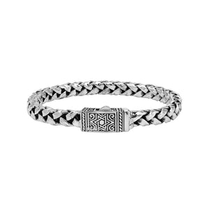 Wholesale sterling silver oxidized flat Bali weave bracelet with geometric clasp handcrafted in Bali, Indonesia.