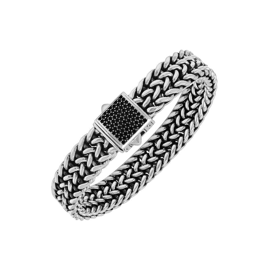 Wholesale sterling silver oxidized Bali weave bracelet with black cubic zirconia clasp handcrafted in Bali, Indonesia.
