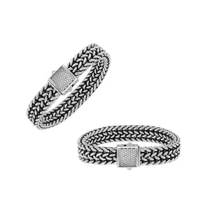 Wholesale sterling silver oxidized Bali weave bracelet with white cubic zirconia clasp handcrafted in Bali, Indonesia.