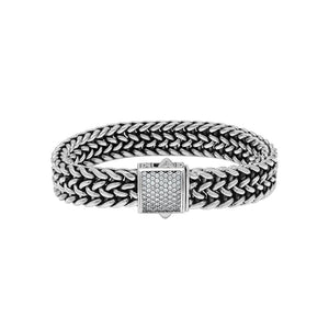 Wholesale sterling silver oxidized Bali weave bracelet with white cubic zirconia clasp handcrafted in Bali, Indonesia.