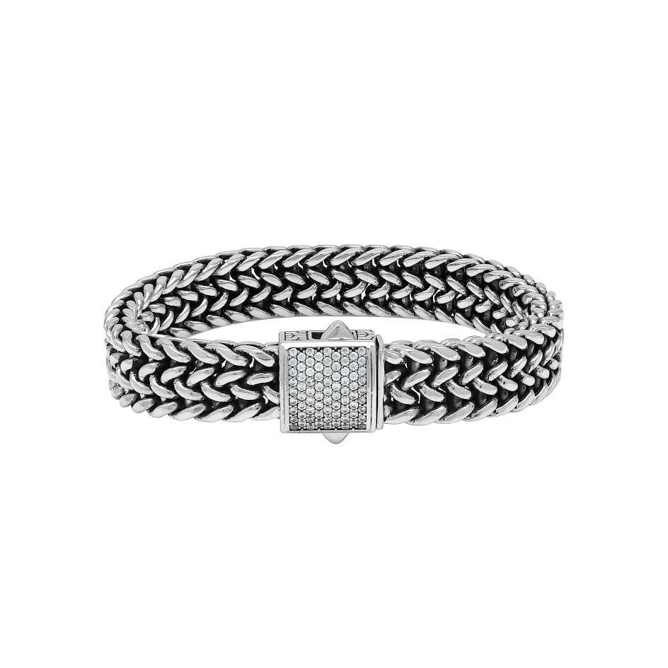 Wholesale sterling silver oxidized Bali weave bracelet with white cubic zirconia clasp handcrafted in Bali, Indonesia.