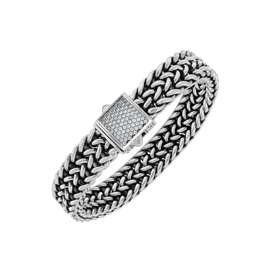 Wholesale sterling silver oxidized Bali weave bracelet with white cubic zirconia clasp handcrafted in Bali, Indonesia.