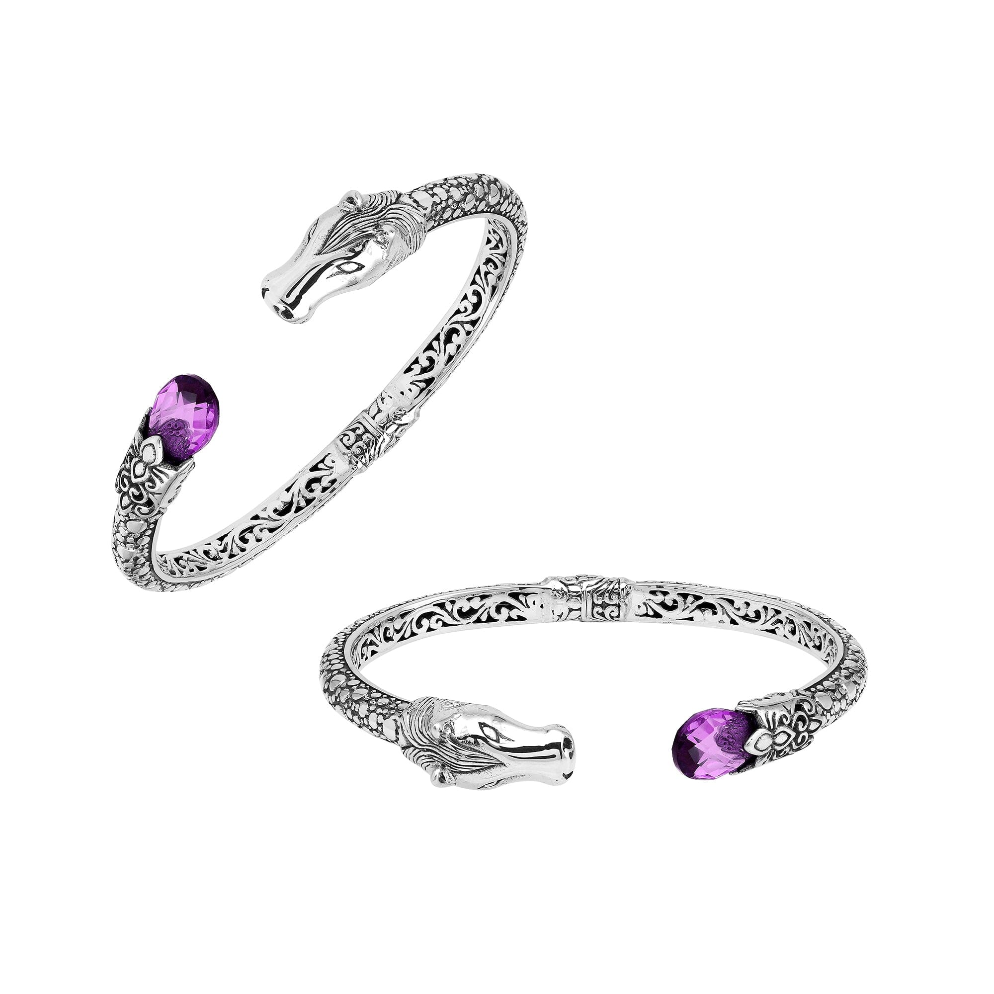 Sterling Silver Dragon Head Bangle with Amethyst Quartz handcrafted in Bali featuring intricate filigree detailing.