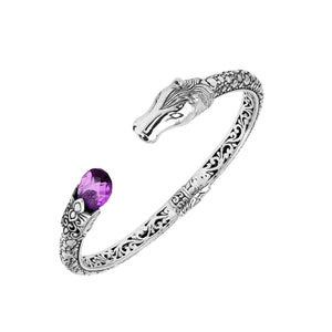 Sterling Silver Dragon Head Bangle with Amethyst Quartz handcrafted in Bali featuring intricate filigree detailing.