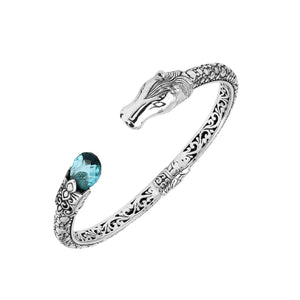 Sterling Silver Dragon Head Bangle with Blue Topaz Quartz handcrafted in Bali featuring intricate filigree and oxidized detailing.