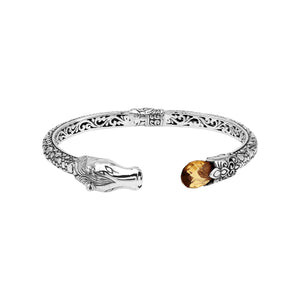 Sterling Silver Dragon Head Bangle with Citrine Quartz handcrafted in Bali featuring intricate filigree and oxidized finish.