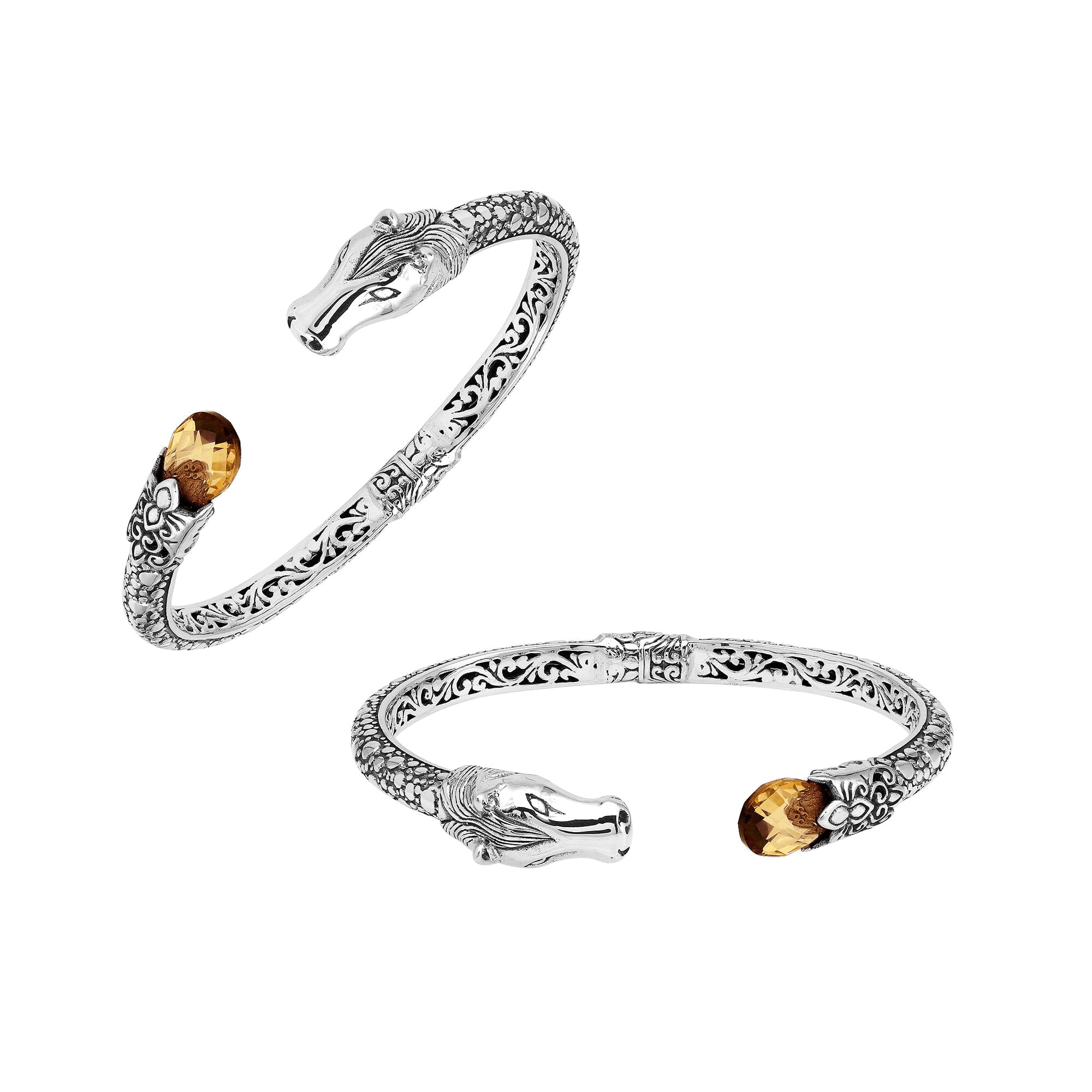 Sterling Silver Dragon Head Bangle with Citrine Quartz handcrafted in Bali featuring intricate filigree and oxidized finish.