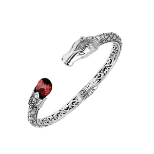 Sterling Silver Dragon Head Bangle with Garnet Quartz handcrafted in Bali, featuring intricate filigree and oxidized silver detailing.