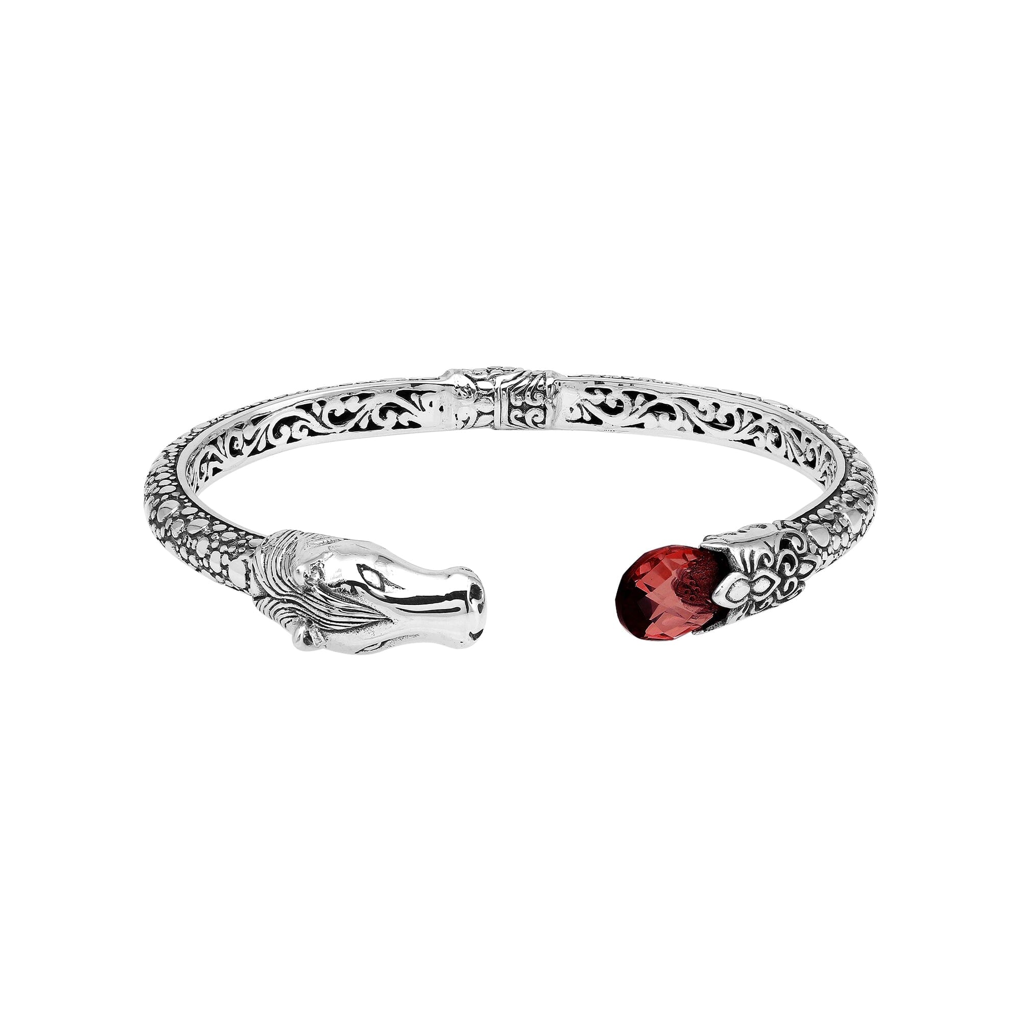 Sterling Silver Dragon Head Bangle with Garnet Quartz handcrafted in Bali, featuring intricate filigree and oxidized silver detailing.