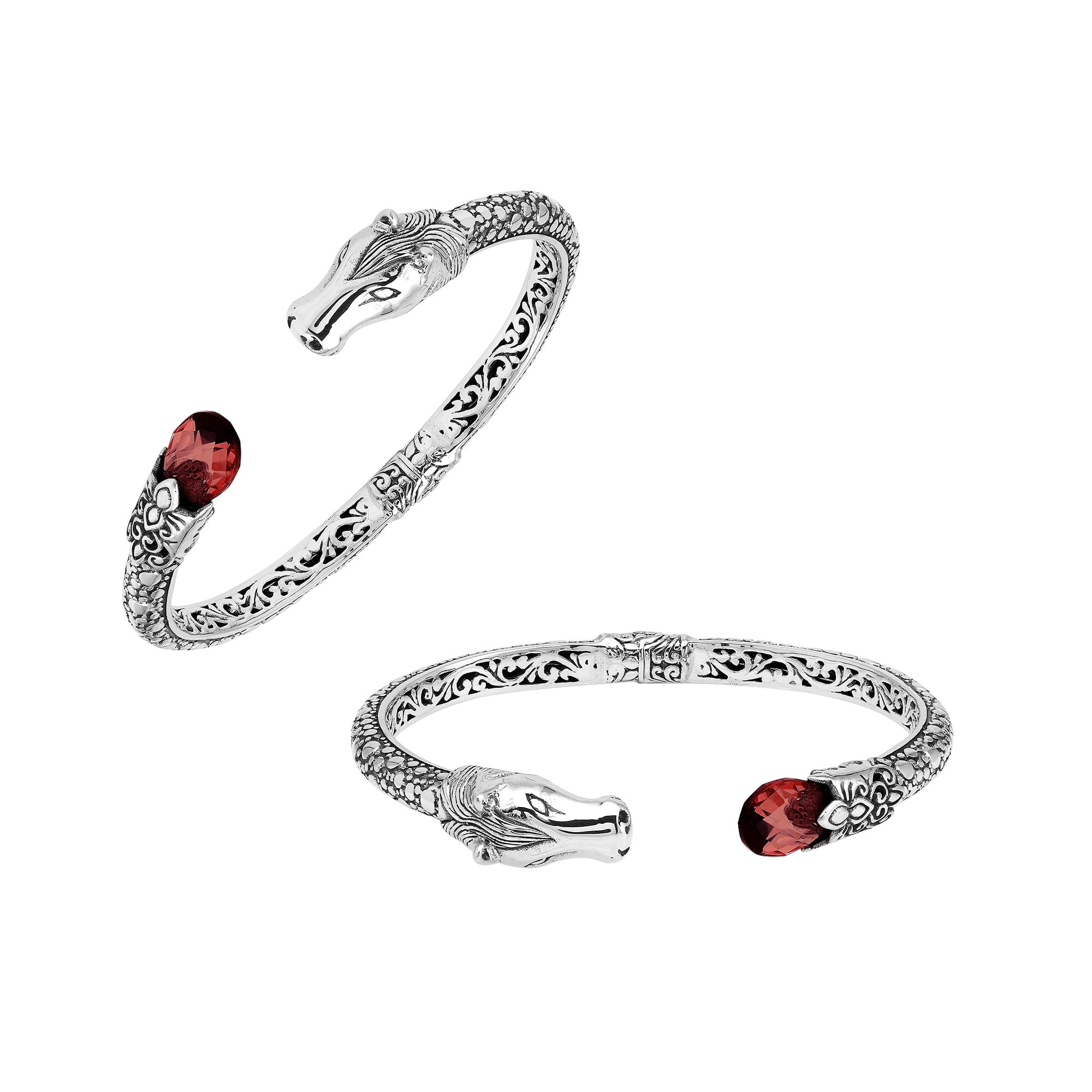 Sterling Silver Dragon Head Bangle with Garnet Quartz handcrafted in Bali, featuring intricate filigree and oxidized silver detailing.