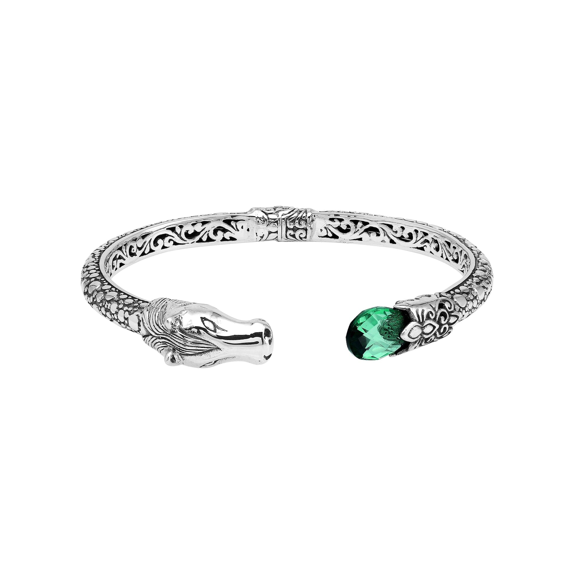 Sterling Silver Dragon Head Bangle with Green Quartz handcrafted in Bali featuring ornate filigree design and oxidized silver finish.