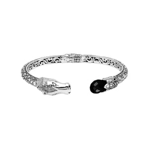 Sterling Silver Dragon Head Bangle with Black Onyx handcrafted in Bali featuring ornate filigree and oxidized finish.