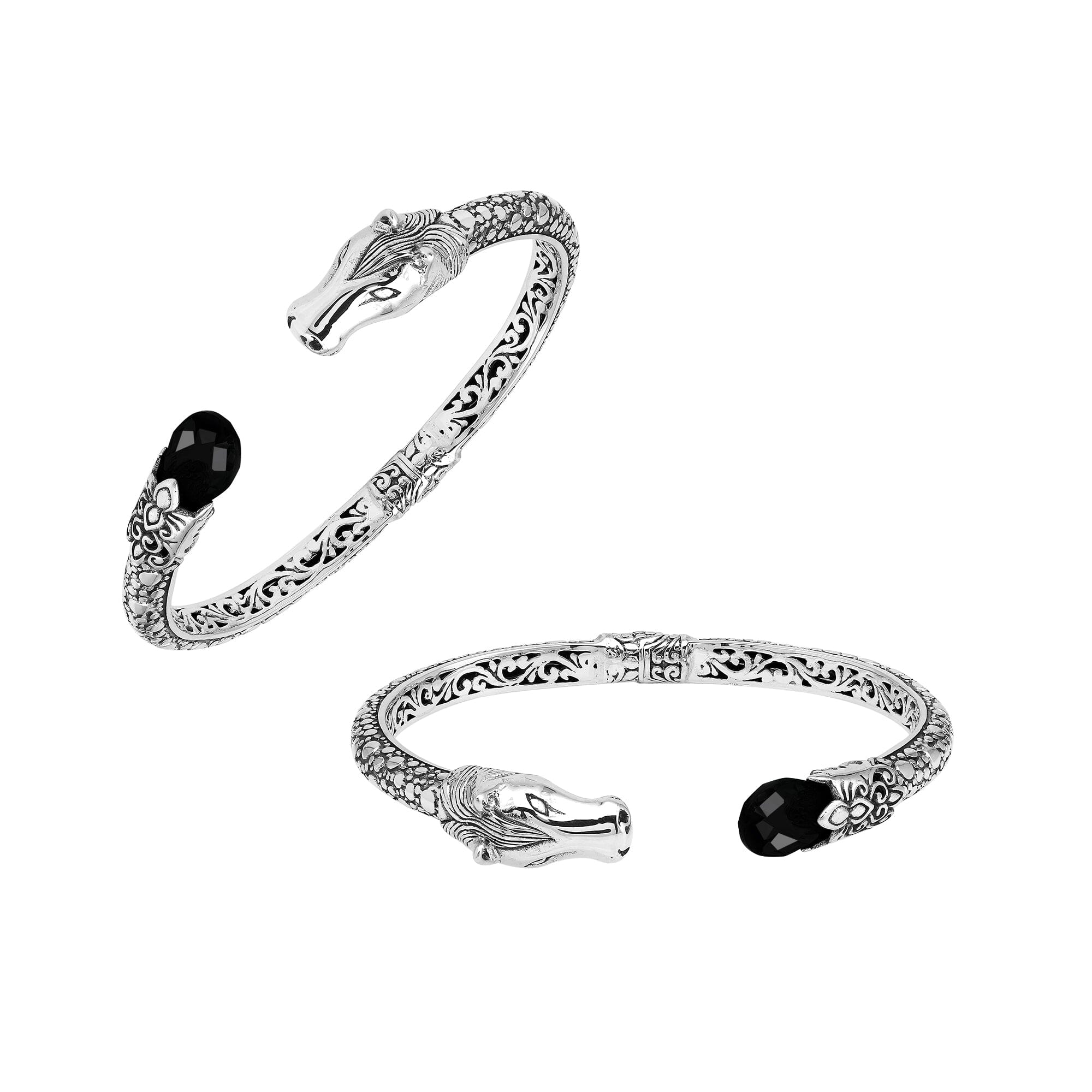 Sterling Silver Dragon Head Bangle with Black Onyx handcrafted in Bali featuring ornate filigree and oxidized finish.