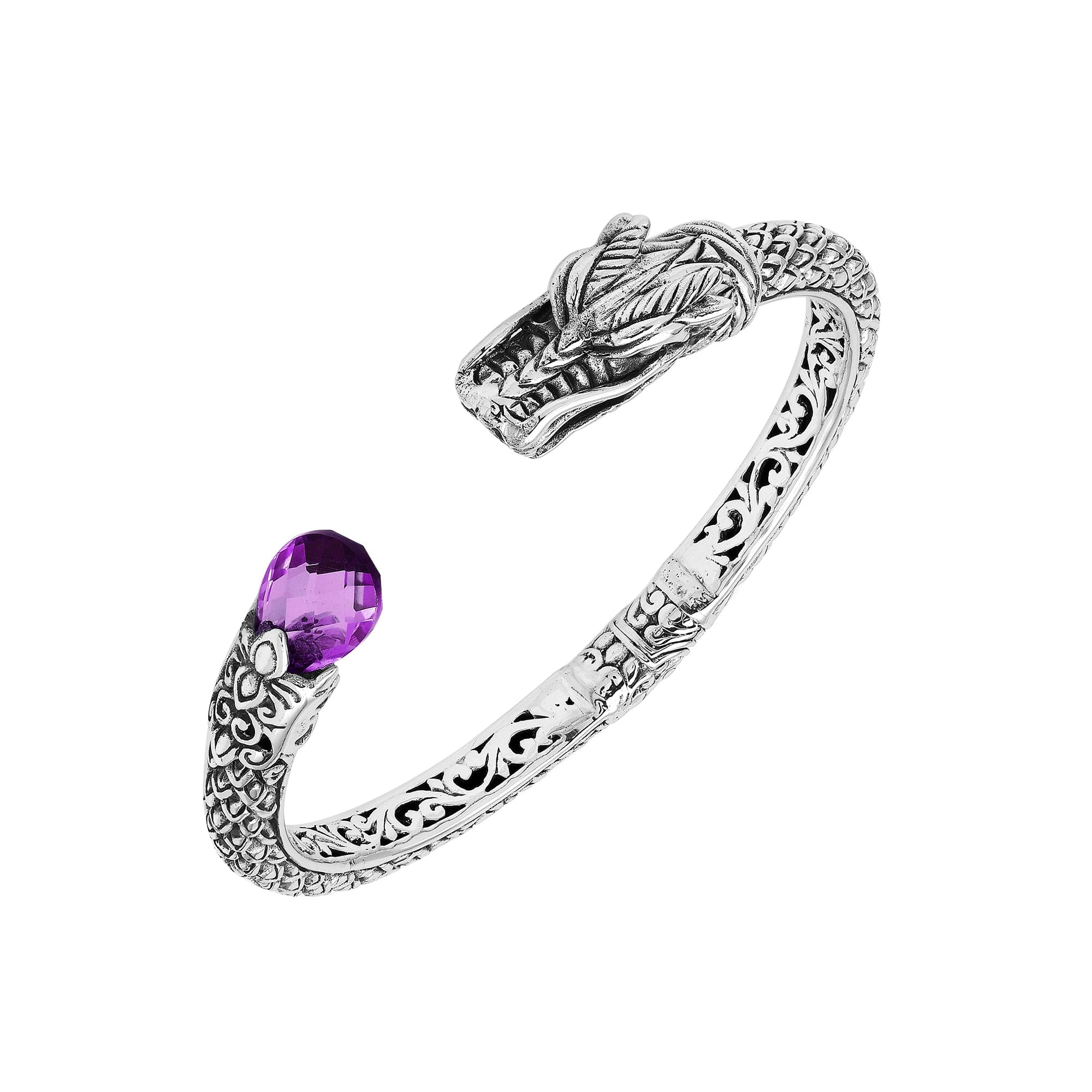 Wholesale sterling silver dragon head cuff bracelet with amethyst quartz handcrafted in Bali