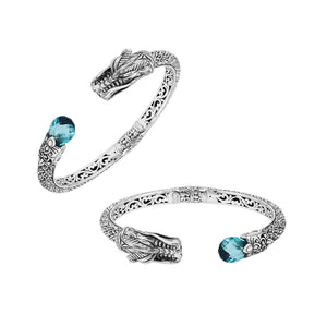 Wholesale sterling silver dragon head cuff bracelet with blue topaz quartz handcrafted in Bali