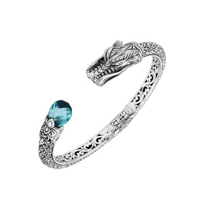 Wholesale sterling silver dragon head cuff bracelet with blue topaz quartz handcrafted in Bali