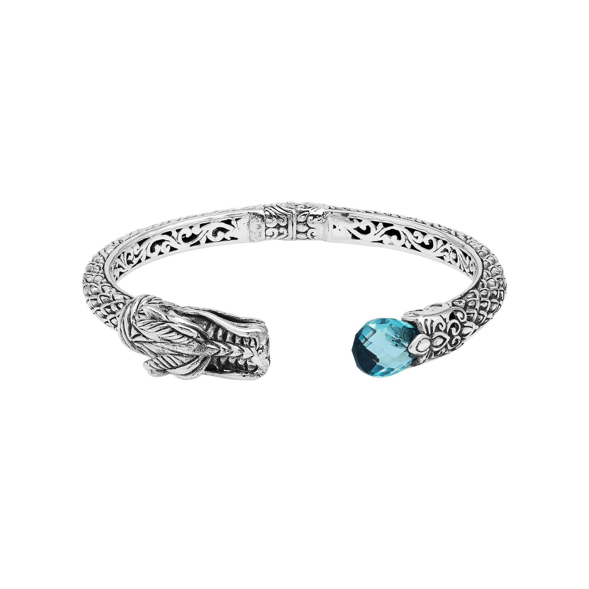 Wholesale sterling silver dragon head cuff bracelet with blue topaz quartz handcrafted in Bali