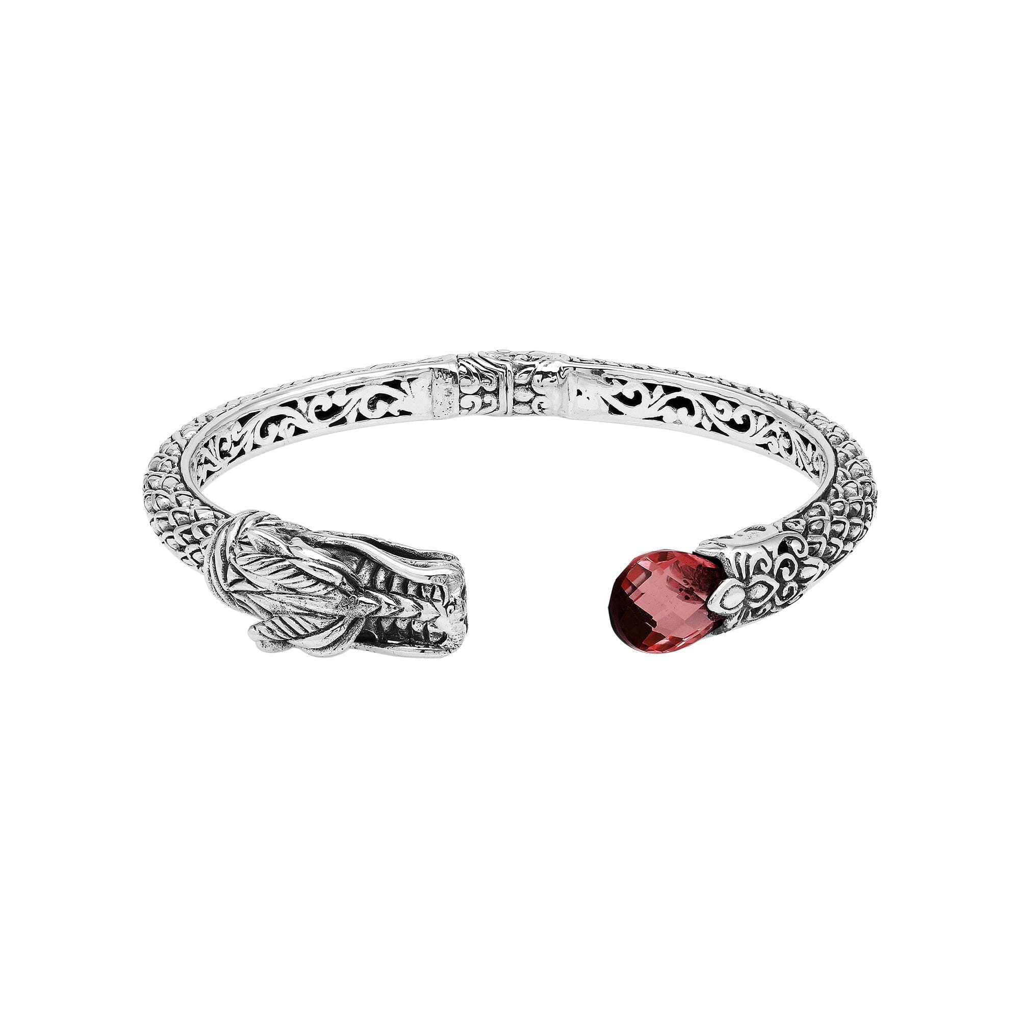 Wholesale sterling silver dragon head cuff bracelet with garnet quartz handcrafted in Bali