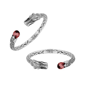 Wholesale sterling silver dragon head cuff bracelet with garnet quartz handcrafted in Bali