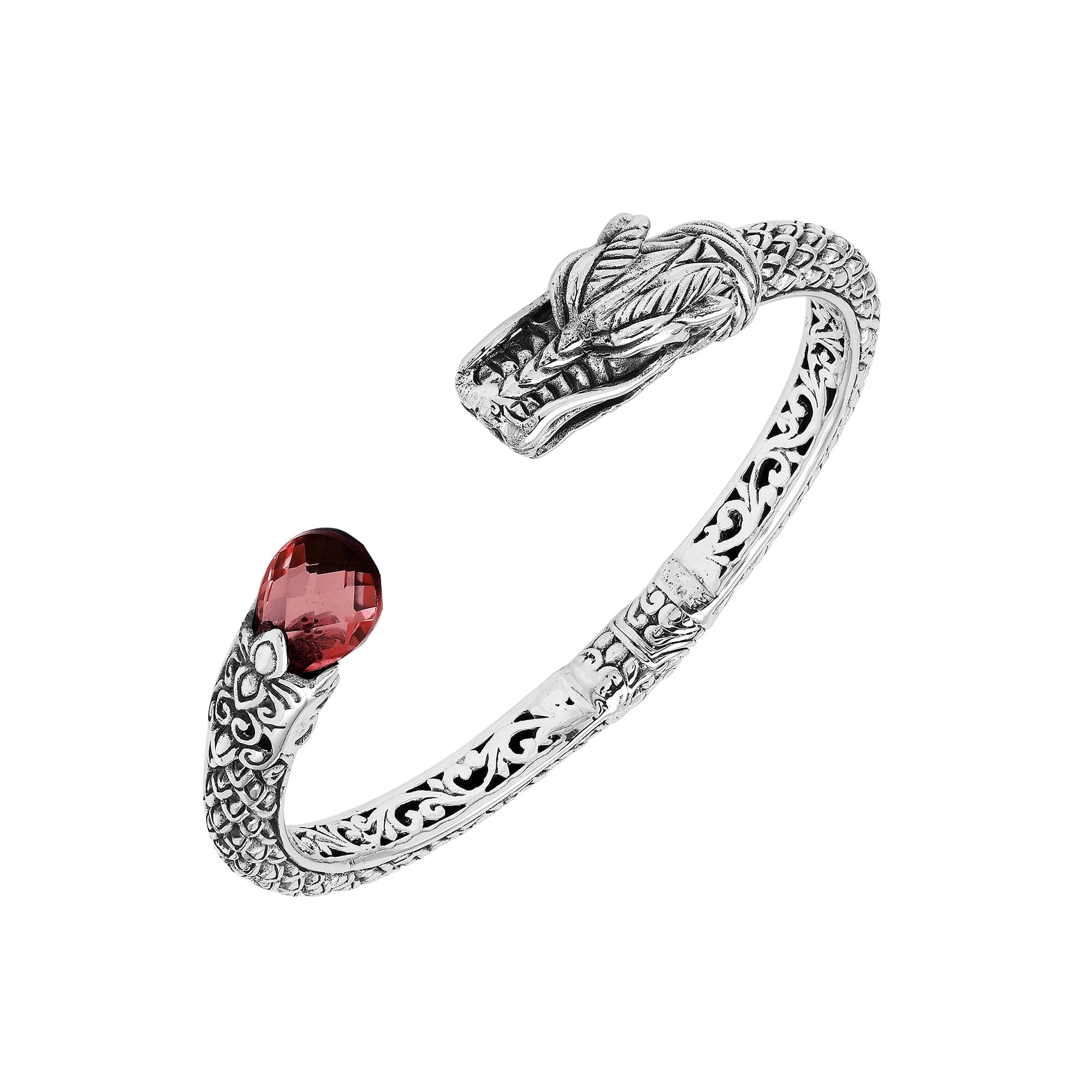 Wholesale sterling silver dragon head cuff bracelet with garnet quartz handcrafted in Bali
