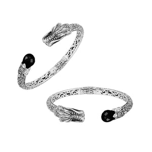 Wholesale sterling silver dragon head cuff bracelet with black onyx handcrafted in Bali