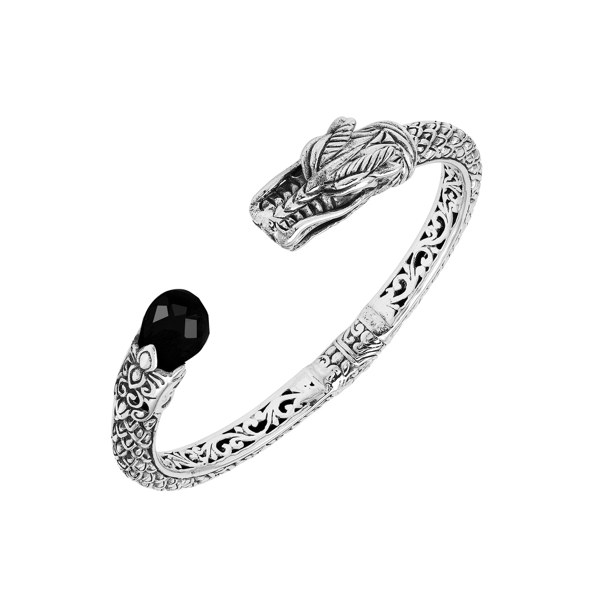 Wholesale sterling silver dragon head cuff bracelet with black onyx handcrafted in Bali
