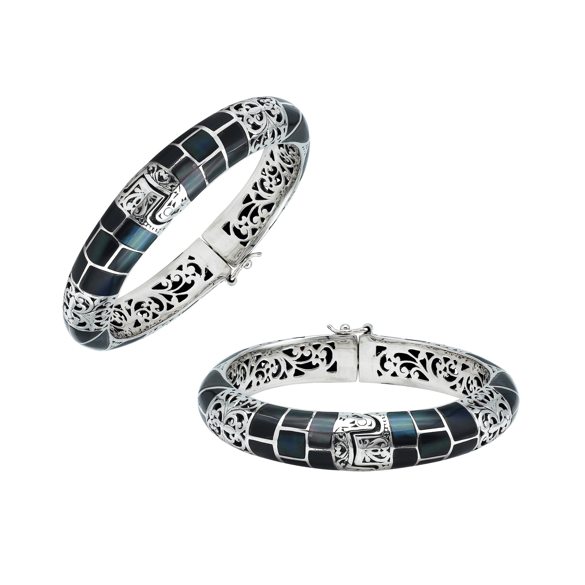 Sterling silver hinged bangle with black shell inlay and ornate filigree design handcrafted in Bali.