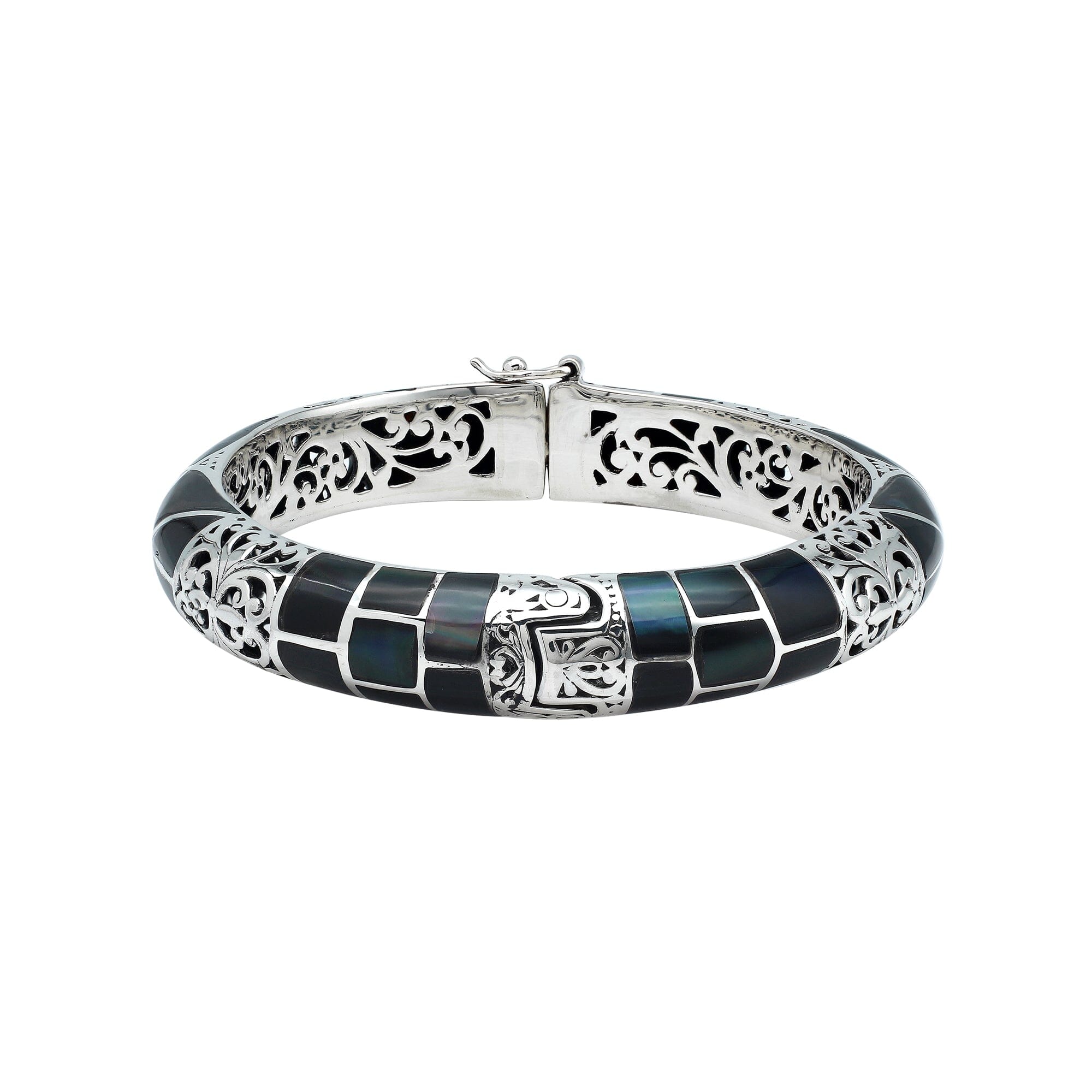 Sterling silver hinged bangle with black shell inlay and ornate filigree design handcrafted in Bali.