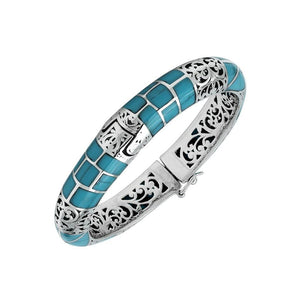 Sterling silver turquoise shell inlay hinged bangle with filigree design handcrafted in Bali.