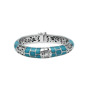 Sterling silver turquoise shell inlay hinged bangle with filigree design handcrafted in Bali.